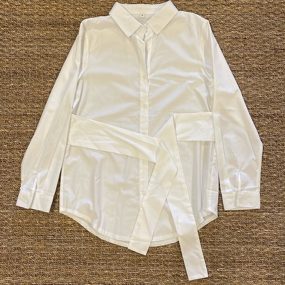 White full button blouse - long sleeve with bow accent